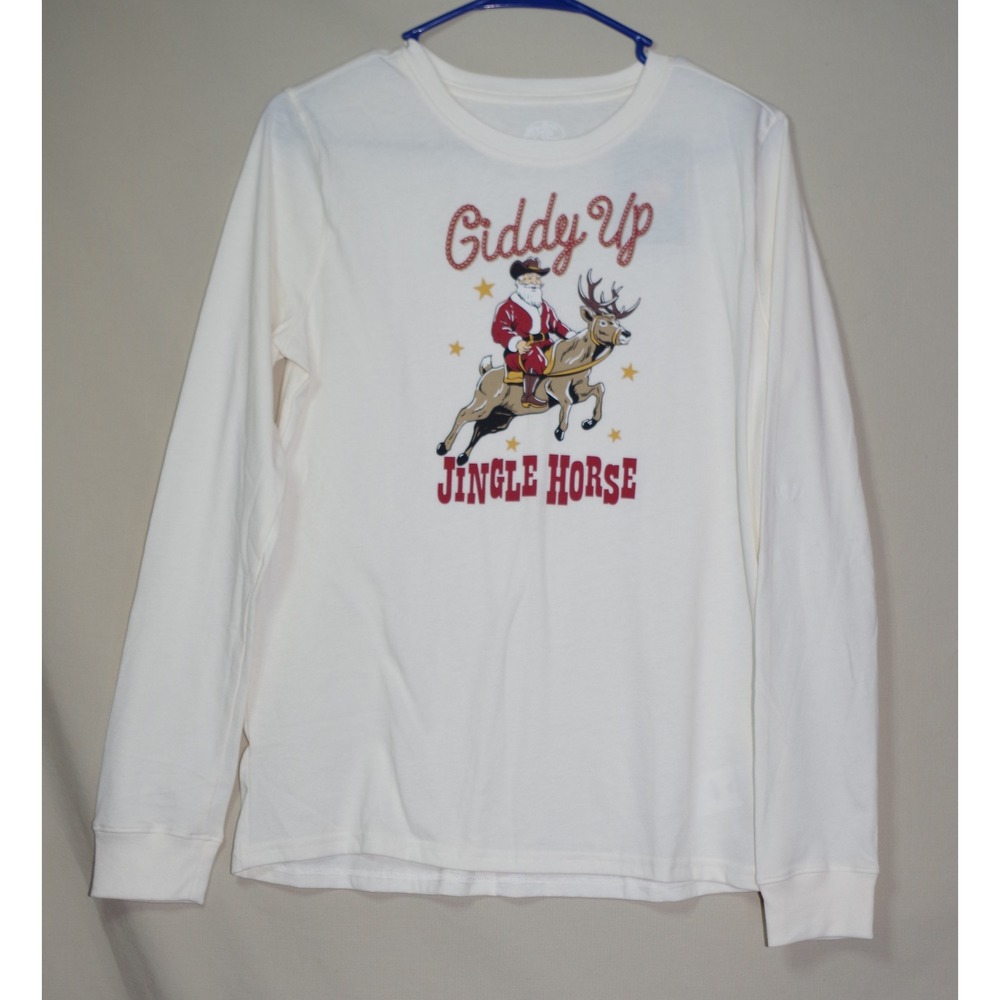 NWT Bass Pro Shops Kid Large Giddy Up Jingle Horse Santa Reindeer Graphic Cream
